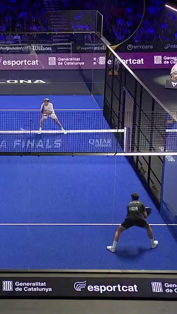Tapia hits a behind-the-back outside the court shot to take the first break point of the second set